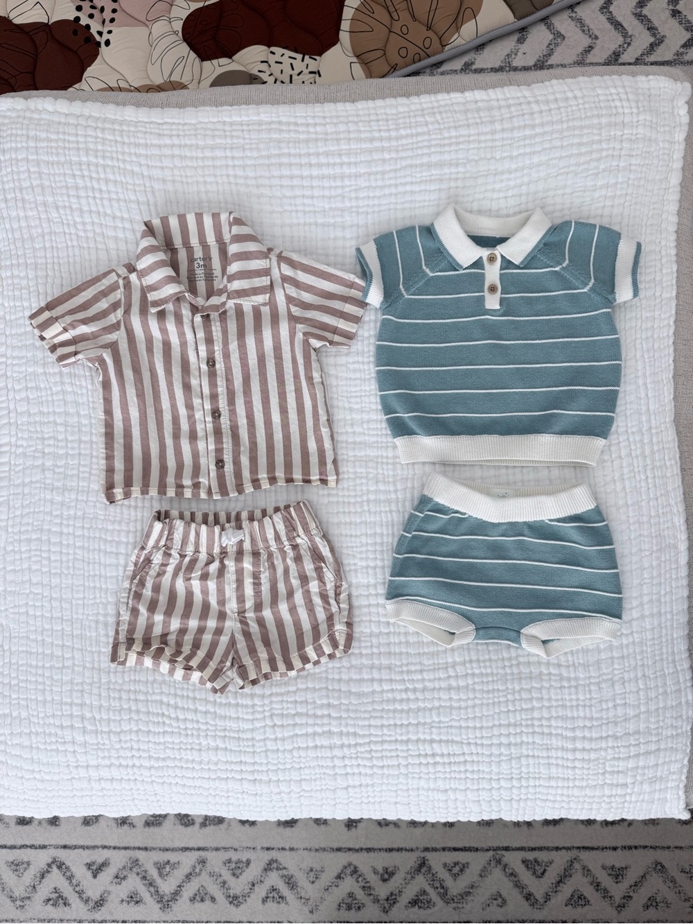 Cream and Tan Striped and Blue and White Two-Piece Sets